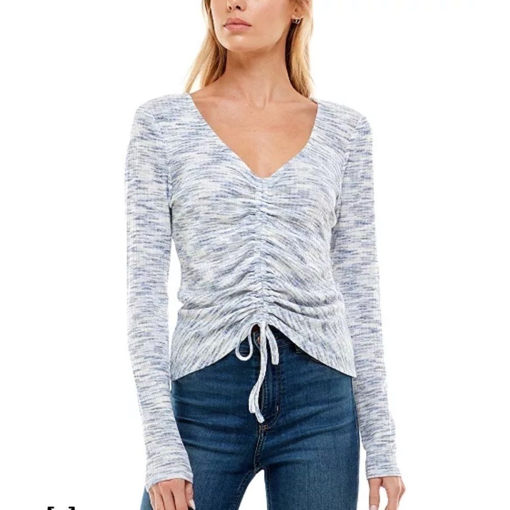 New ULTRA FLIRT Juniors' Ruched-Front Ribbed Top, shirt, long sleeve shirt S